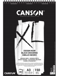 Canson XL Black Bloc de 40 Hojas A3 - Grano Fino - Espiral Microperforado - 29.7x42cm - 150g - Color Negro