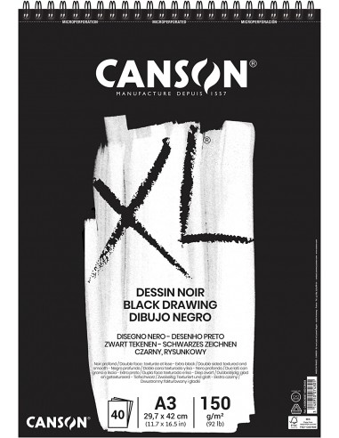 Canson XL Black Bloc de 40 Hojas A3 - Grano Fino - Espiral Microperforado - 29.7x42cm - 150g - Color Negro