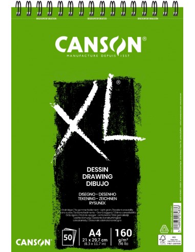Canson XL Dessin Ligero Bloc de Dibujo con 50 Hojas A4 - Espiral Microperforado - 21x29.7cm - 160g - Color Blanco