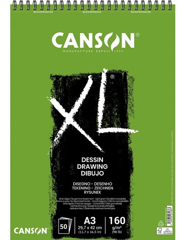 Canson XL Dessin Ligero Bloc de Dibujo con 50 Hojas A3 - Espiral Microperforado - 29.7x42cm - 160g - Color Blanco