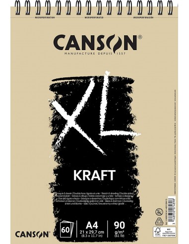 Canson XL Kraft Rayado Bloc de Dibujo con 60 Hojas A4 - Espiral Microperforado - 21x29.7cm - 90g - Color Beige