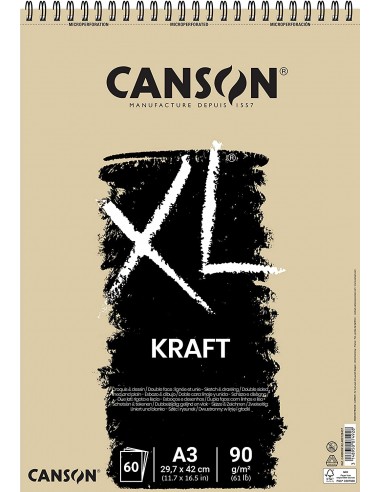 Canson XL Kraft Rayado Bloc de Dibujo con 60 Hojas A3 - Espiral Microperforado - 29.7x42cm - 90g - Color Beige