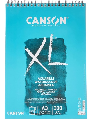 Canson XL Aquarelle Album Espiral Microperforado de 30 Hojas A3 - Grano Fino - 29.7x42cm - 300g - Color Blanco