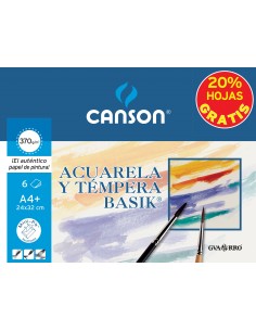 Canson-Minipack Promo 6 Hojas Acuarela Basik - 24x32 - 370g - 20-Hojas Gratis - Color Blanco