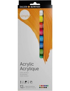 Daler Rowney Simply Pack de 12 Pinturas Acrilicas - Secado Rapido - Optima Cobertura - Colores Mezclables 12ml - Colores