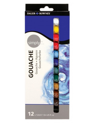 Daler Rowney Simply Pack de 12 Pinturas Acrilicas Gouache - Secado Rapido - Base de Agua - Optima Cobertura - 12ml - Colores
