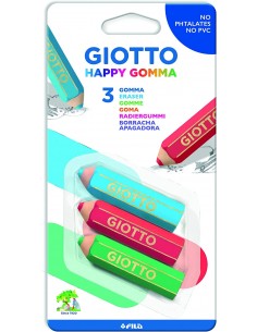 Giotto Happy Goma Pack de 3 Gomas de Borrar - Plastico - Colores Surtidos