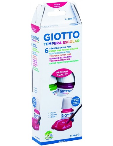 Giotto Tempera Pack de 6 Botes de 25 ml.-Pincel - Base Agua - Excelente Cobertura - Colores Surtidos