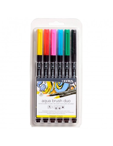 Lyra Aqua Brush Duo Pack 6 Rotuladores de Doble Punta - Trazos 1-5 y 1mm - Tinta Base de Agua - Colores Tonos Primarios