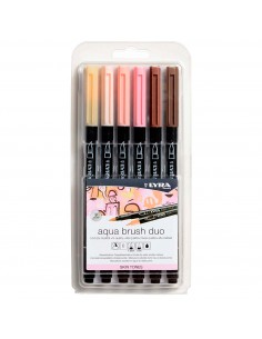 Lyra Aqua Brush Duo Pack 6 Rotuladores de Doble Punta - Trazos 1-5 y 1mm - Tinta Base de Agua - Colores Tonos de Piel