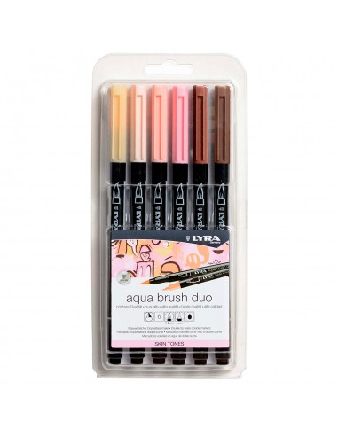 Lyra Aqua Brush Duo Pack 6 Rotuladores de Doble Punta - Trazos 1-5 y 1mm - Tinta Base de Agua - Colores Tonos de Piel