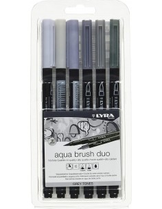 Lyra Aqua Brush Duo Pack 6 Rotuladores de Doble Punta - Trazos 1-5 y 1mm - Tinta Base de Agua - Colores Tonos Grises