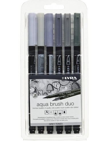 Lyra Aqua Brush Duo Pack 6 Rotuladores de Doble Punta - Trazos 1-5 y 1mm - Tinta Base de Agua - Colores Tonos Grises