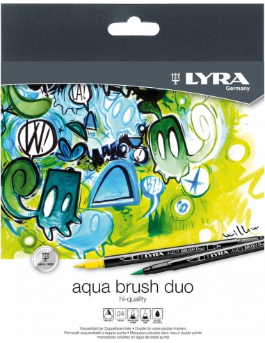 Lyra Aqua Brush Duo Pack de 24 Rotuladores de Doble Punta - Trazos 2 y 4mm - Tinta Base de Agua - Colores Surtidos