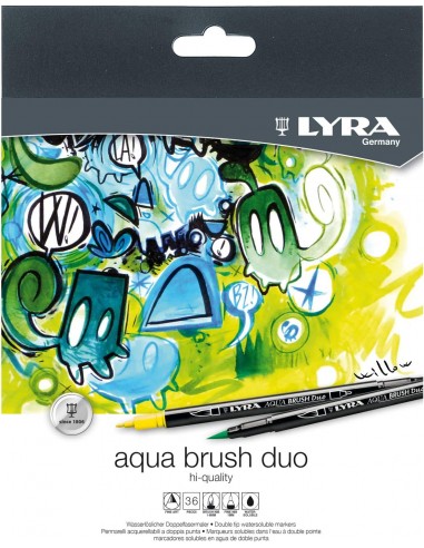 Lyra Aqua Brush Duo Pack de 36 Rotuladores de Doble Punta - Trazos 2 y 4mm - Tinta Base de Agua - Colores Surtidos