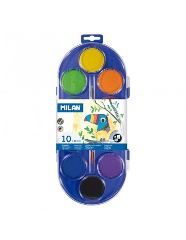 Milan 80009 Estuche de 10 Acuarelas Ø45 mm-Pincel-Serie 101 - Mezclable - Colores Surtidos