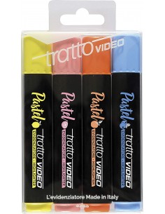 Tratto Video Pastel Pack de 4 Marcadores Fluorescentes - Punta Biselada - Tinta al Agua - Secado Rapido - Colores Surtidos