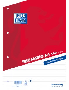 Oxford Recambio Formato A4 Horizontal 1 Linea 4 Taladros - 100 Hojas Sueltas con Margen