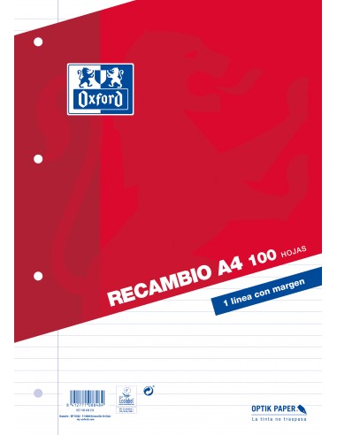 Oxford Recambio Formato A4 Horizontal 1 Linea 4 Taladros - 100 Hojas Sueltas con Margen