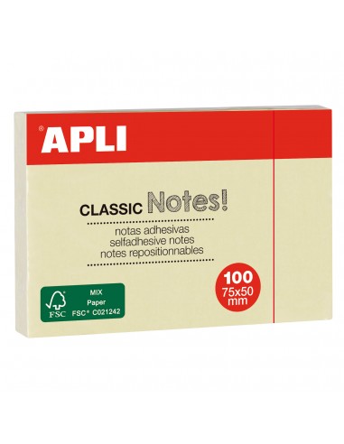 Apli Notas Adhesivas Classic 75x50mm Bloc 100 Hojas - Adhesivo de Calidad - Facil de Despegar - Ideal para Recordatorios -