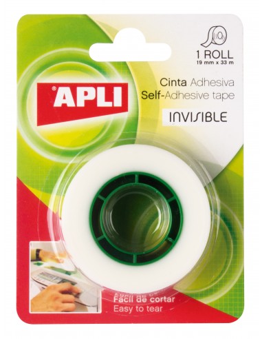 Apli Cinta Adhesiva Invisible 19mm x 33m - Facil de Cortar - Resistente - Ideal para Uso en Oficina - Transparente