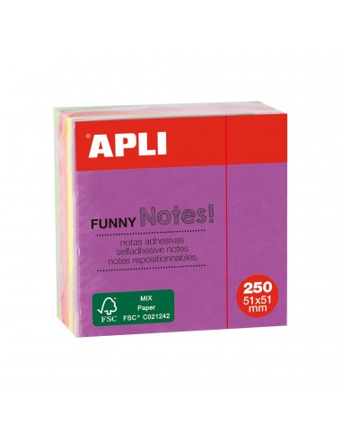 Apli Notas Adhesivas Funny 51x51mm Mini-Cubo 250 Hojas - 5 Colores Surtidos Fluorescentes - Divertidas y Practicas