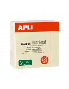 Apli Notas Adhesivas Classic 75x75mm - Cubo de 400 Hojas - Adhesivo de Calidad - Facil de Despegar - Amarillo