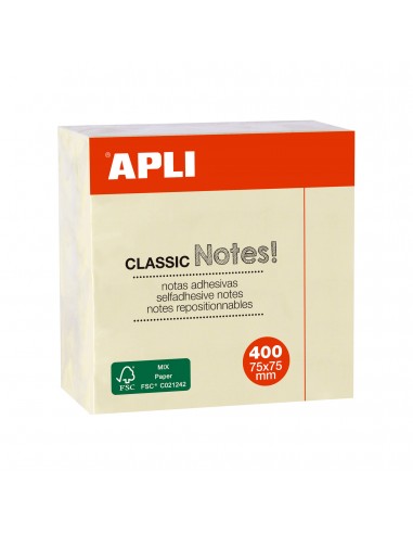 Apli Notas Adhesivas Classic 75x75mm - Cubo de 400 Hojas - Adhesivo de Calidad - Facil de Despegar - Amarillo