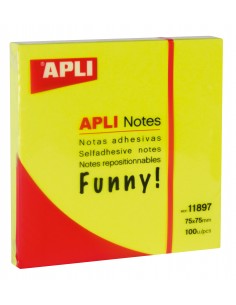 Apli Notas Adhesivas Funny 75x75mm - Bloc de 100 Hojas - Adhesivo de Calidad - Facil de Despegar - Color Amarillo Fluorescente