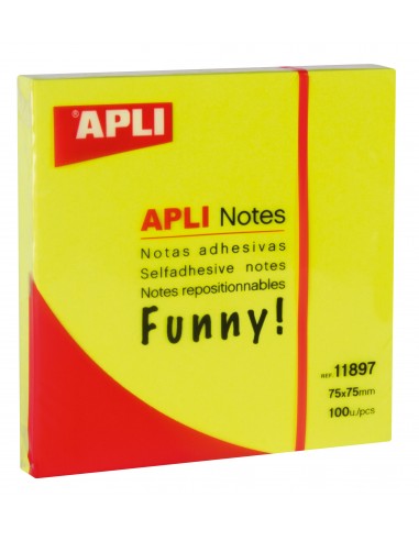 Apli Notas Adhesivas Funny 75x75mm - Bloc de 100 Hojas - Adhesivo de Calidad - Facil de Despegar - Color Amarillo Fluorescente