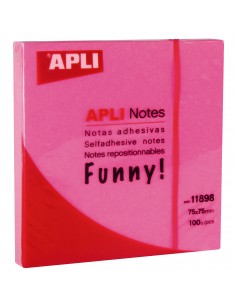 Apli Notas Adhesivas Funny 75x75mm - Bloc de 100 Hojas - Adhesivo de Calidad - Facil de Despegar - Rosa Fluorescente