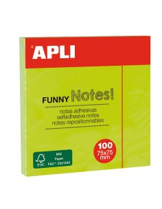 Apli Notas Adhesivas Funny 75x75mm - Bloc de 100 Hojas - Adhesivo de Calidad - Facil de Despegar - Color Verde Fluorescente