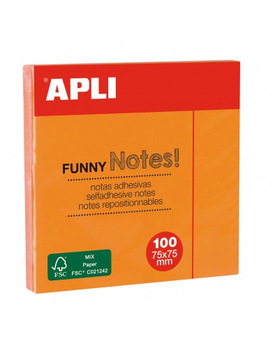 Apli Notas Adhesivas Funny 75x75mm - Bloc de 100 Hojas - Adhesivo de Calidad - Color Naranja Fluorescente