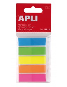 Apli Indices Adhesivos Film 45x12mm 5 Colores Fluorescentes - 25 Indices por Color - Facil de Pegar y Despegar - Ideal para