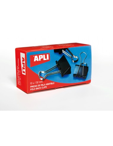 Apli Pinzas Abatibles 15x32mm - Clips de Acero Templado en Negro - Asas en Acabado Niquel - Caja con 12 Unidades - Sujecion