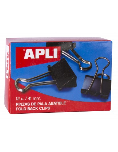 Apli Pinzas Abatibles 20x41mm - Clips de Acero Templado en Negro - Asas en Niquel - Caja de 12 - Sujecion Hasta 170 Hojas