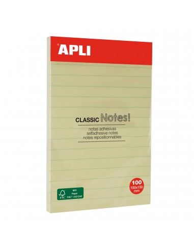 Apli Notas Adhesivas Classic con Lineas 100x150mm - Bloc de 100 Hojas - Adhesivo de Alta Calidad - Facil de Despegar -