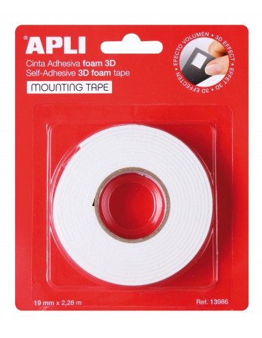 Apli Cinta Adhesiva Doble Cara Foam 3D - 19mm x 228m - Adhesion Fuerte y Duradera - Ideal para Manualidades y Decoracion -