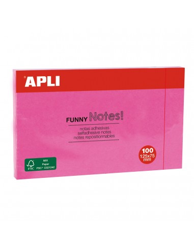Apli Notas Adhesivas Funny 125x75mm - Bloc de 100 Hojas - Adhesivo de Calidad - Facil de Despegar - Rosa Fluorescente