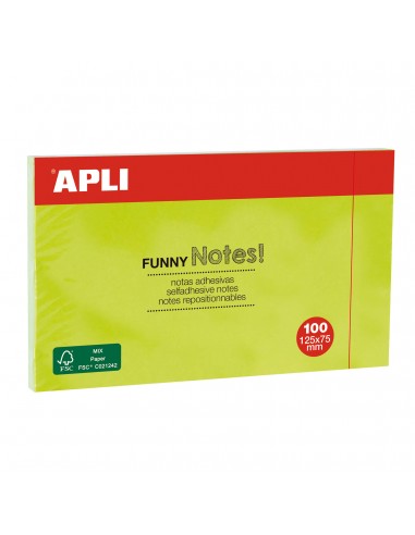 Apli Notas Adhesivas Funny 125x75mm - Bloc de 100 Hojas - Adhesivo de Calidad - Facil de Despegar - Color Verde Fluorescente