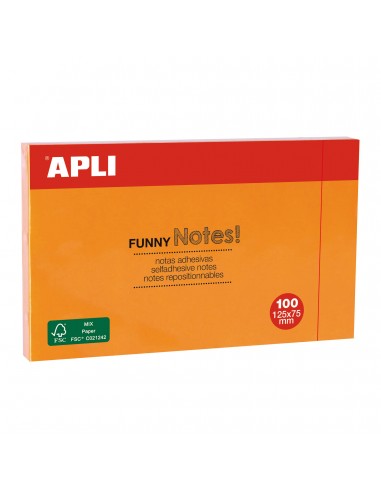 Apli Notas Adhesivas Funny 125x75mm - Bloc de 100 Hojas - Adhesivo de Calidad - Color Naranja Fluorescente