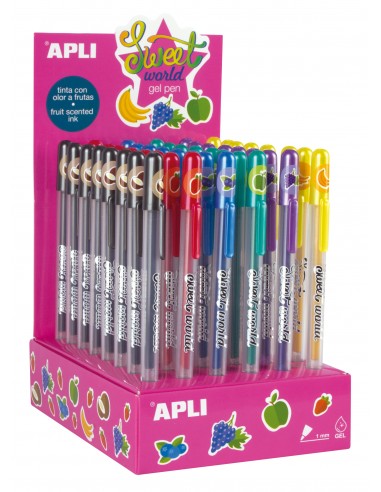 Apli Sweet World Gel Pen Expositor - 48 Boligrafos de Tinta Gel con Aroma a Frutas - 8 Colores Surtidos - 1mm de Grosor de