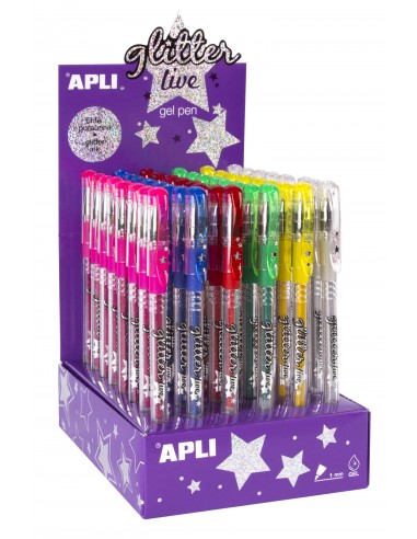 Apli Gel Pen Glitter Live - 48 Boligrafos de Tinta Gel con Purpurina - Resistentes-Secado Rapido y Larga Duracion - Grueso