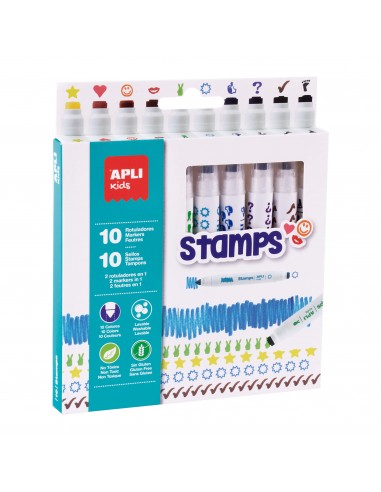 Apli Rotuladores Stamps - Ø 14.4x137 mm - Doble Punta con Sello y Color - 10 Colores Sellos Diferentes - Cuerpo Cilindrico y