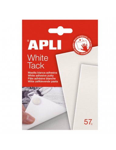 Apli Tack Masilla Blanca 57g - Adhesivo Reutilizable - No Deja Residuos - Facil de Moldear - Blanco