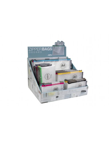 Apli Expositor de Zipper Bags - 80 Unidades en 4 Medidas Surtidas - 5 Colores Resistentes - Goma Eva Transparente de Alta