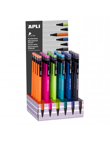 Apli Expositor de Carton de Portaminas - 0.7mm - Textura Soft - Colores Fluor Surtidos - Capuchon con Tapon Transparente y