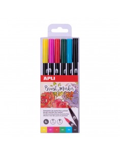 Apli Rotuladores Acuarelables de Doble Punta - Pincel de 1-4mm y Punta Redonda de 1mm - Tinta Base Agua Inodora y No Toxica -