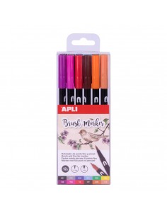 Apli Rotuladores Acuarelables de Doble Punta - Pincel de 1-4mm y Redonda de 1mm - Tinta Base Agua No Toxica - 12 Colores