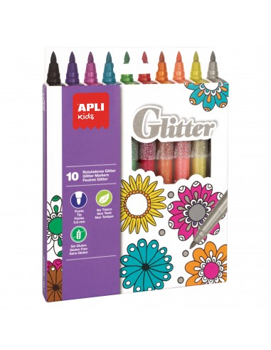 Apli Kids Rotuladores Glitter - Ø 12x137 mm - Cuerpo Cilindrico y Punta Redonda Bloqueada de Ø 3.8 mm - Colores Surtidos -